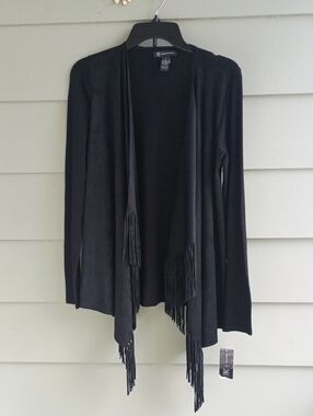 INC Women's Black Open-Front Free Fall Fringe Cardigan NWT